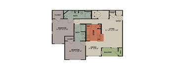 A floor plan of an apartment with two bedrooms, a living room, a dining room, a kitchen, a bathroom, a balcony, and closets.