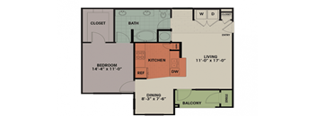 A floor plan of a house with a living room, dining room, kitchen, bedroom, bathroom, and balcony.