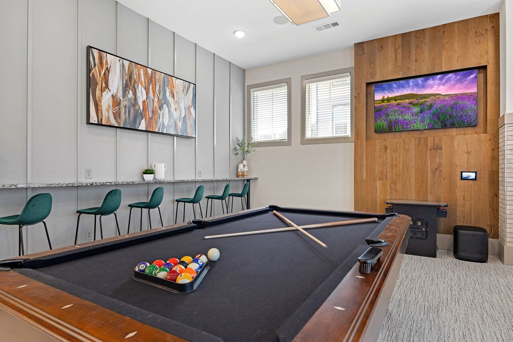 a games room with a pool table and a tv