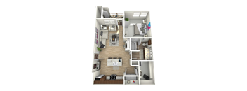 A 3D floor plan of a small apartment with a kitchen, living room, and bedroom.