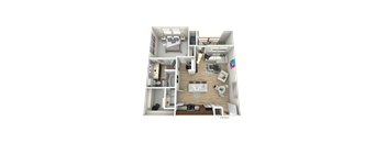 A 3D floor plan of a small apartment with a kitchen, living room, and two bedrooms.