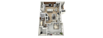 A 3D floor plan of a small apartment with a kitchen, living room, and bedroom.