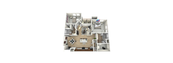 A 3D rendered image of a house layout.