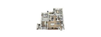 A 3D floor plan of a house with a kitchen, living room, and bedrooms.