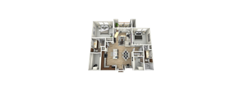 A 3D floor plan of a house with a kitchen, living room, dining room, and two bedrooms.