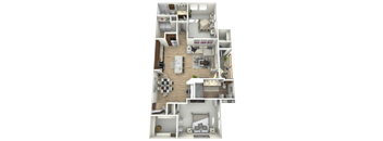 A 3D floor plan of a house with a living room, kitchen, and two bedrooms.