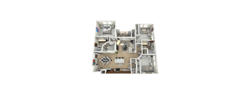 A 3D rendered image of a house layout.