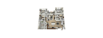 A 3D rendered image of a house layout.