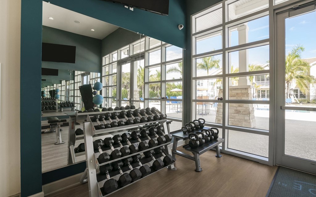 a room filled with lots of dumbbells