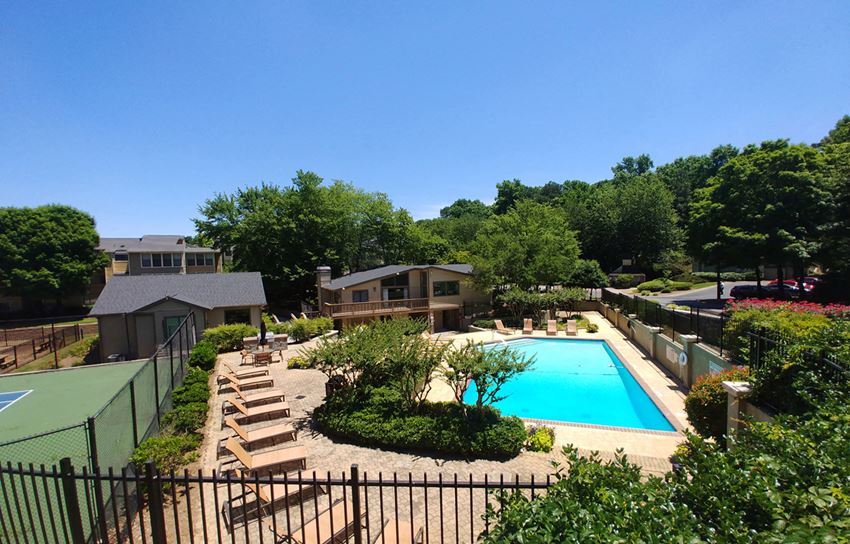 Gorgeous aerial pool and clubhouse view at Chatsworth Apartments, 4700 N Hill Pkwy, Atlanta, GA 30341 - Photo Gallery 1