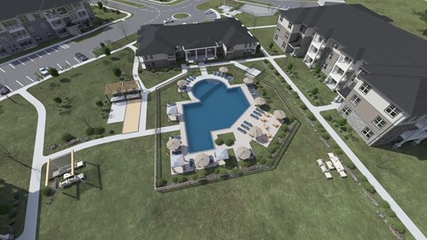 an aerial view of the resort style pool and hot tub at the abbey at dominion crossing