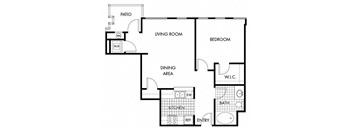 A floor plan of a house with a living room, dining area, kitchen, bedrooms, bathrooms, and a patio.