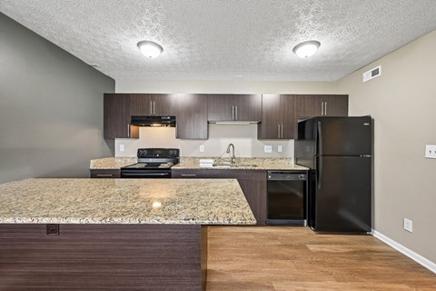 A kitchen with a black refrigerator and a granite countertop.