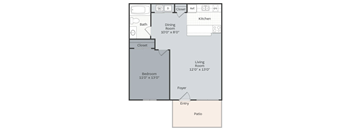 A floor plan of a house with a living room, dining room, kitchen, bedroom, and bathroom.