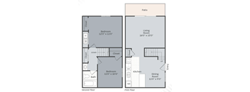 A floor plan of a two-story home with a patio.