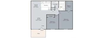 A floor plan of a house with a living room, dining room, kitchen, bedrooms, bathrooms, and a patio.