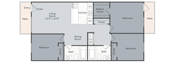 A floor plan of a house with a living room, dining room, kitchen, and four bedrooms.