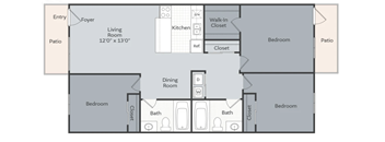 A floor plan of a house with a living room, dining room, kitchen, and four bedrooms.