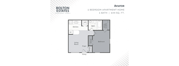 A floor plan for a 1 bedroom apartment at Bolton Estates.