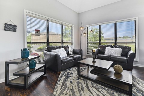 A living room with black leather couches and a coffee table with a vase and a baseball on it.