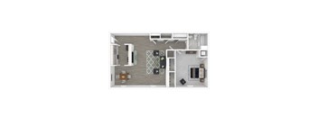 A top down view of a small apartment with a living room, kitchen, and bathroom.