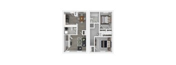 A floor plan of a two-story apartment with a living room, kitchen, and bathrooms.