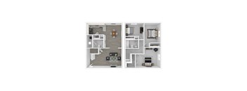 A floor plan of a two-story apartment with a living room, kitchen, and bedrooms.