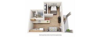 A 3D rendered image of a modern apartment layout.