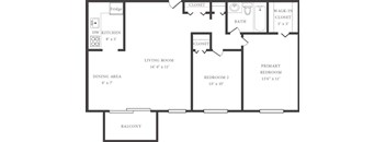 A black and white floor plan of a house with a living room, dining area, kitchen, two bedrooms, a bathroom, and a balcony.