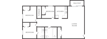 A floor plan of a house with a living room, kitchen, and three bedrooms.