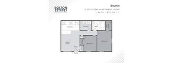 A floor plan of a two bedroom apartment with Bolton Estates logo.