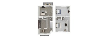 A floor plan of a small apartment with a kitchen, living room, and bathroom.