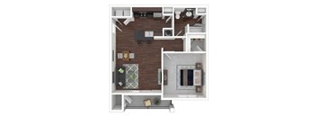 A floor plan of a house with a kitchen, living room, and bathroom.