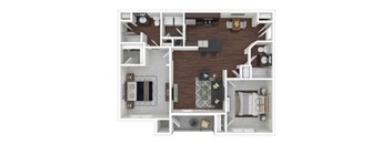 A top-down view of a house layout with a kitchen, living room, and bedrooms.