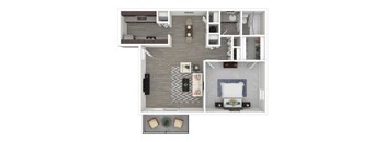 A top down view of a dollhouse apartment with a living room, dining room, kitchen, and bathroom.
