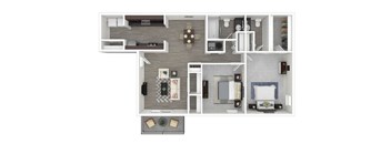 A floor plan of a house with a kitchen, living room, and two bedrooms.