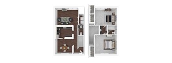 A floor plan of a two-story apartment with a living room, kitchen, and bathroom on the first floor, and a bedroom with a bathroom on the second floor.