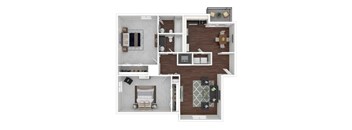 A floor plan of a house with a kitchen, living room, dining room, and bathroom.