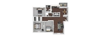 A floor plan of a house with a kitchen, living room, and two bedrooms.