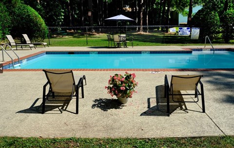 A pool with chairs and a vase of flowers.