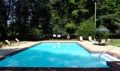 A pool surrounded by trees and chairs.