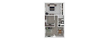 A top-down view of a small apartment with a kitchen, living room, and bathroom.