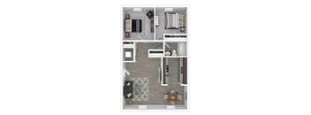 A floor plan of a house with a kitchen, living room, dining room, and two bedrooms.