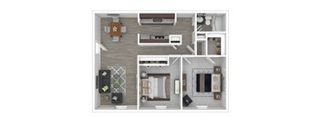 A top-down view of a house layout with a kitchen, living room, dining room, and bedrooms.