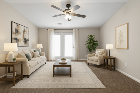 A living room with a beige sofa, a coffee table, and a ceiling fan.