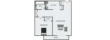 A simple black and white floor plan of a house with a living room, bedroom, bathroom, kitchen, and pantry.