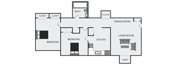 A floor plan of a house with two bedrooms, a living room, a dining room, a kitchen, a bathroom, and a patio.