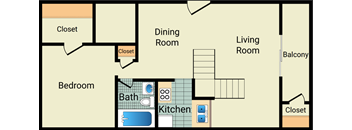 A floor plan of a house with a bedroom, kitchen, dining room, living room, and two closets.