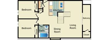 A floor plan of a living space with a kitchen, two bedrooms, a dining room, and a bathroom.