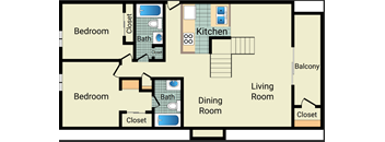 A floor plan of a house with two bedrooms, a kitchen, a dining room, and a living room.